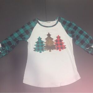 Girls 3/4 sleeve length Tee with Green/ Red Plaid and Leopard Print Trees